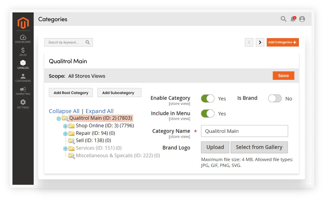 Magento 2 admin category tree for Qualitrol Main with Shop Online, Repair, Sell and Services Magento 2 admin category tree for Qualitrol Main with Shop Online, Repair, Sell and Services