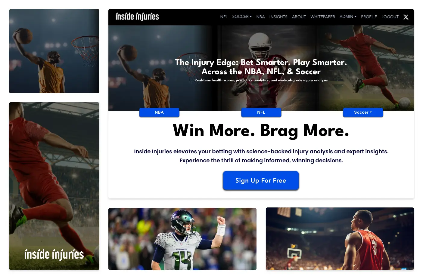 Inside Injuries homepage with NBA, NFL and soccer injury analysis sections