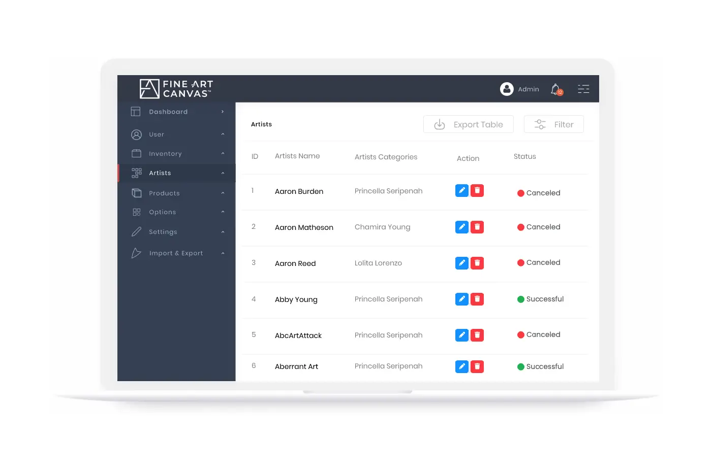 Fine Art Canvas custom app admin Artists table with category and status columns