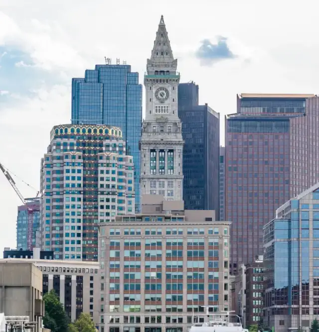 Boston skyline at dusk - Financial District, Seaport, and Charles River