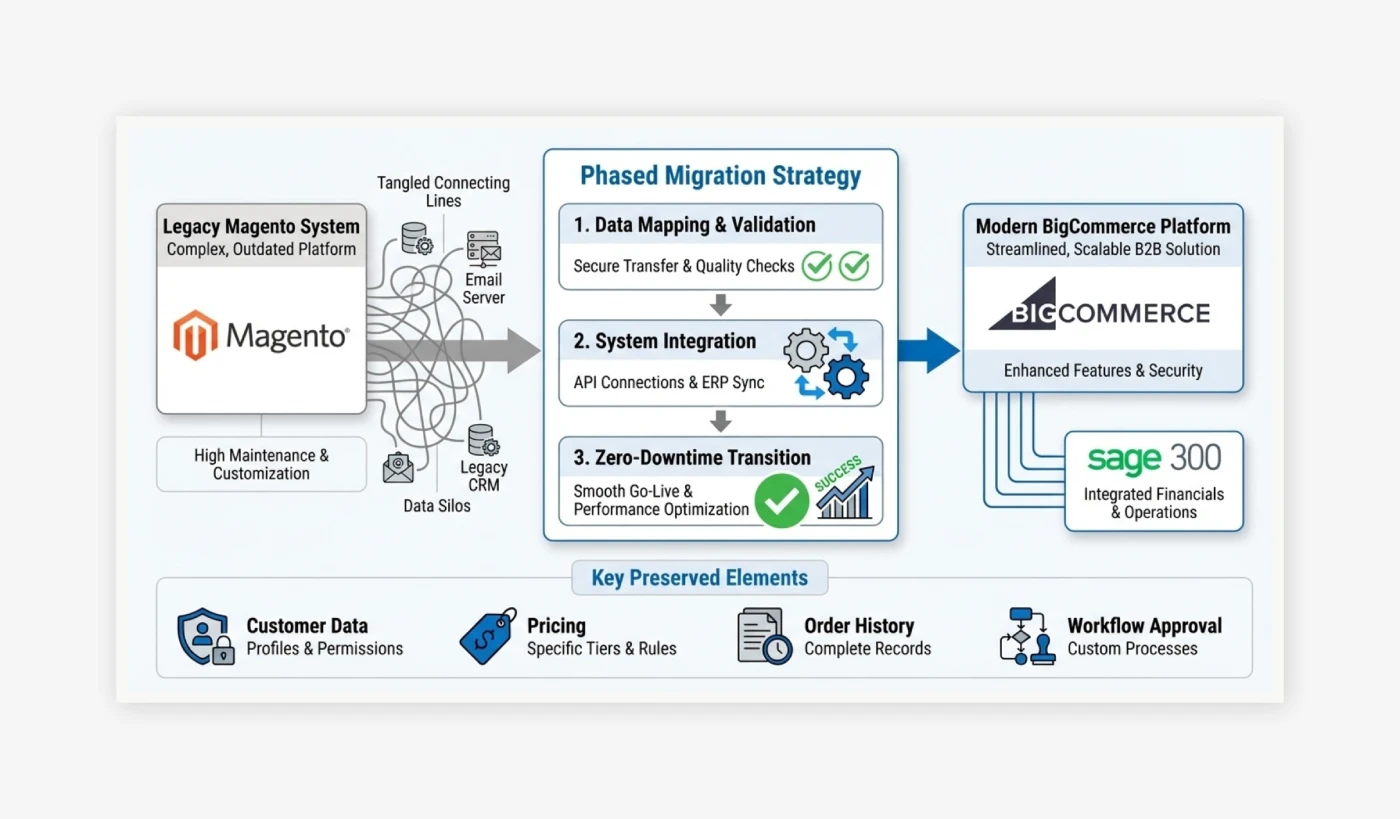 A Phased Magento to BigCommerce B2B Migration Engineered for Zero Business Disruption