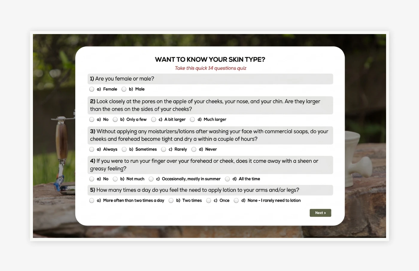 Custom Skin Type Quiz with Branching Logic and No-Code Configuration
