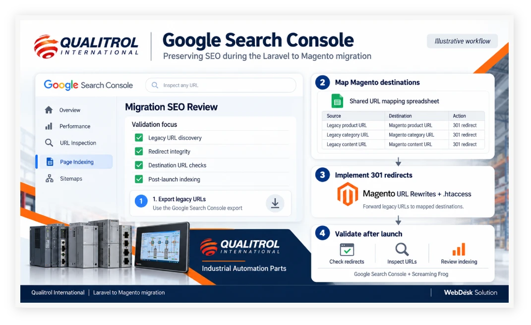 Google Search Console illustration for redirect validation and re-indexing checks Google Search Console illustration for redirect validation and re-indexing checks